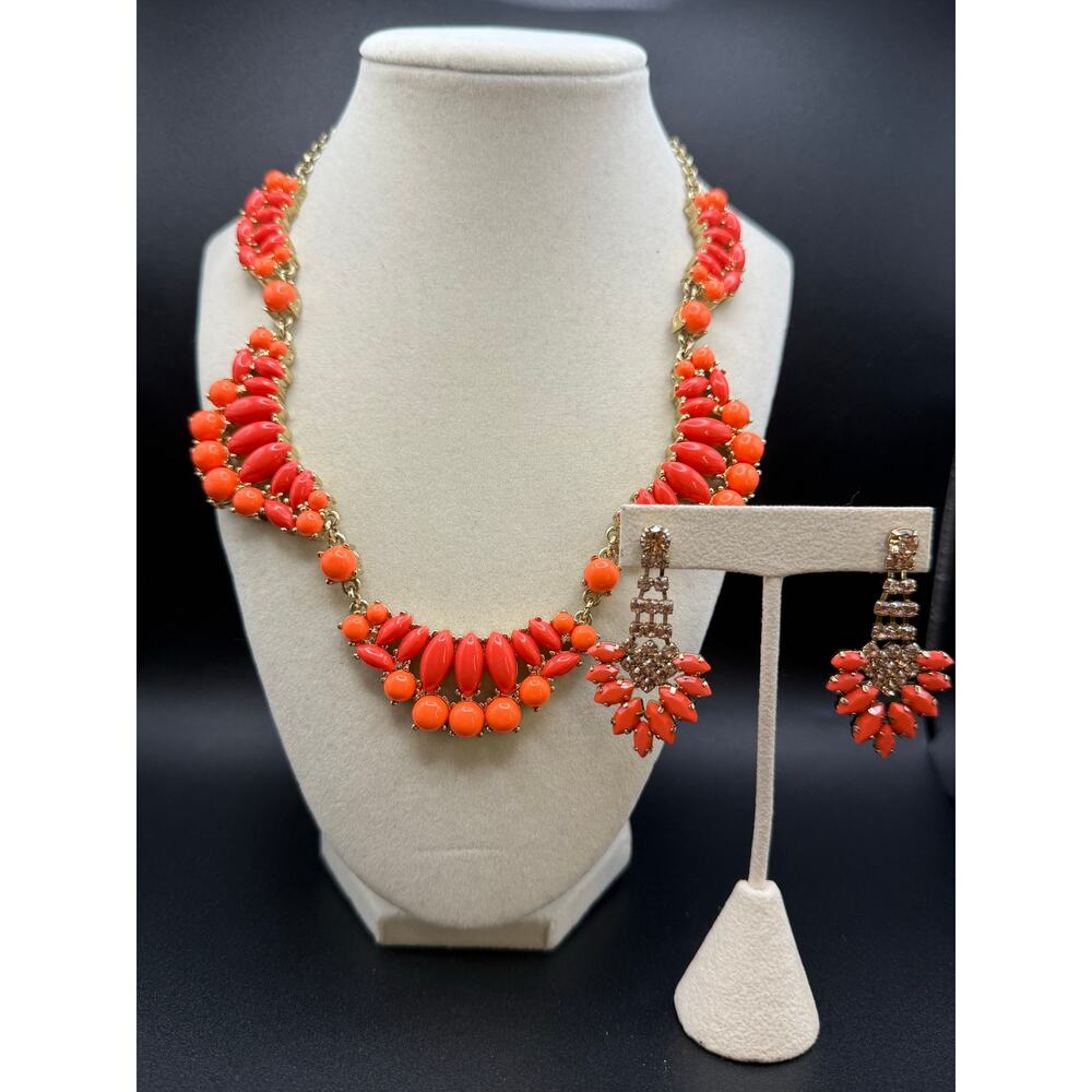 JCrew Coral-Pink Orange Gold Statement Bib Necklace and Earrings